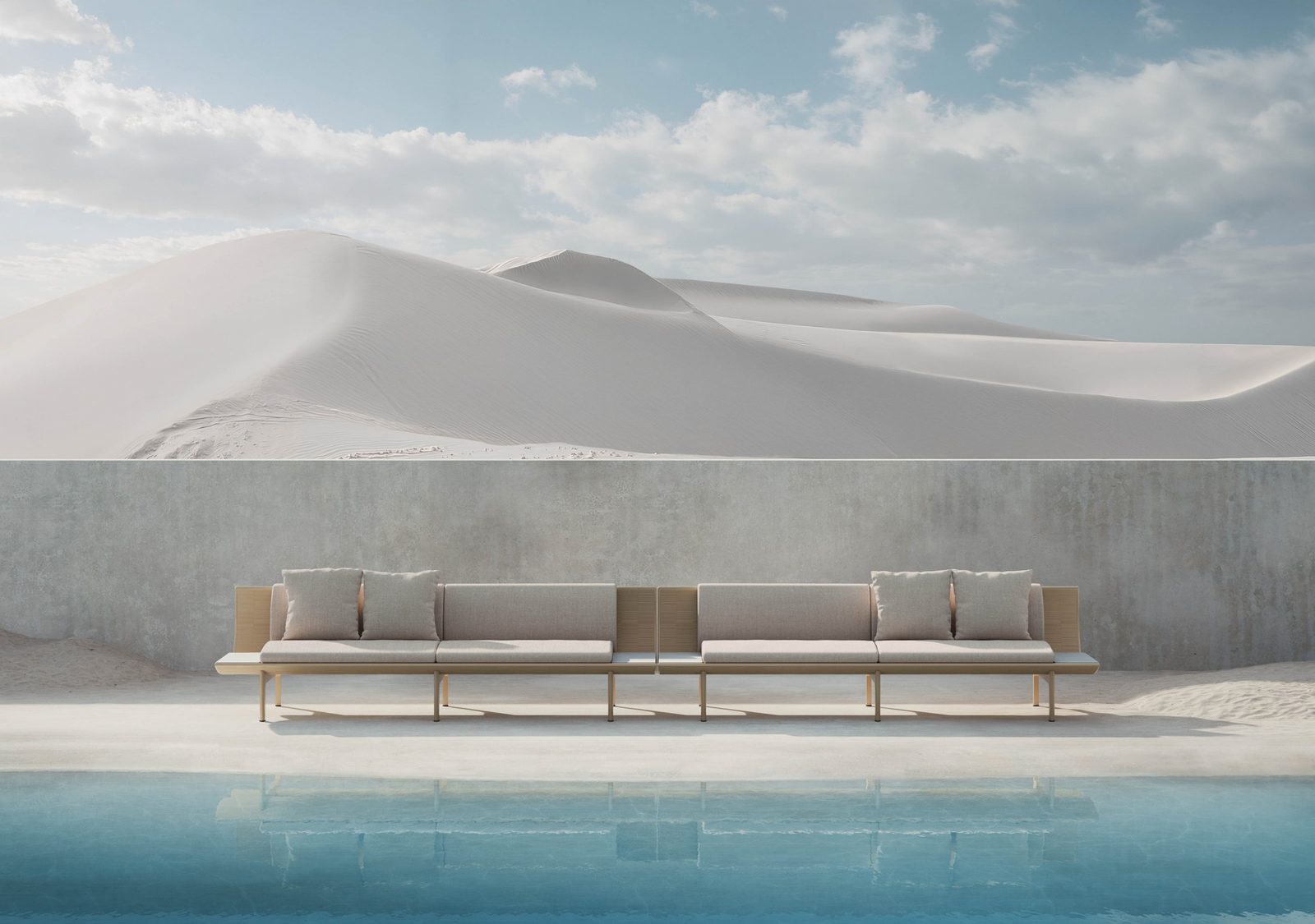 Dunne 3-seat sofas with tables in gold at a pool edge.