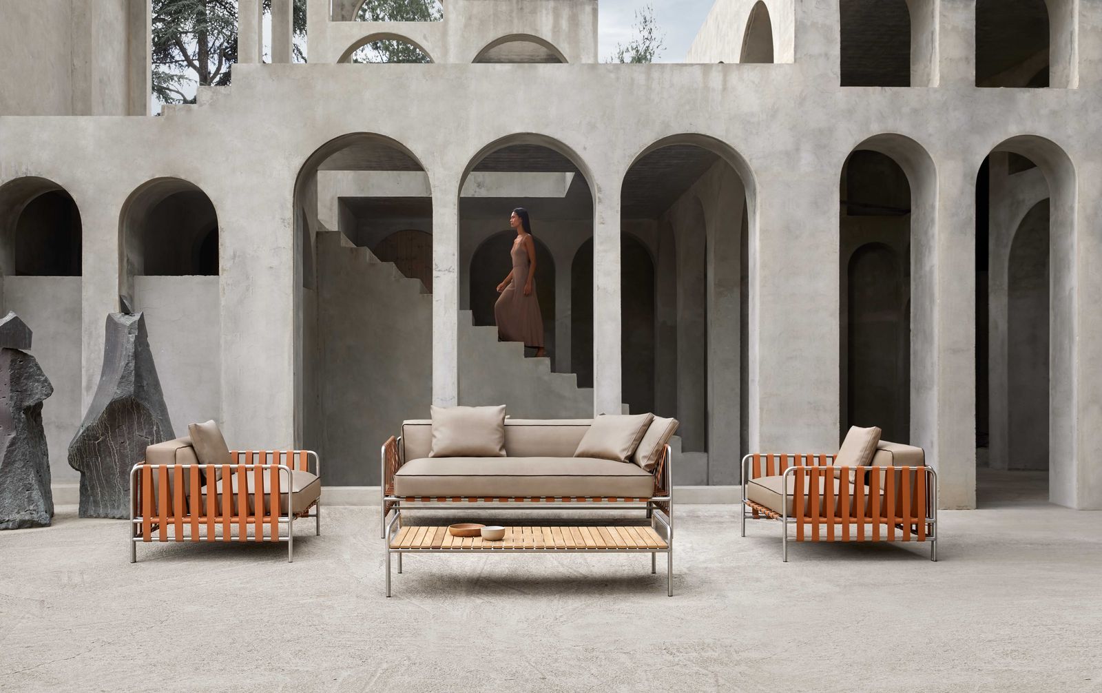 Onsen 2-seat sofa with lounge chair and coffee table 153.