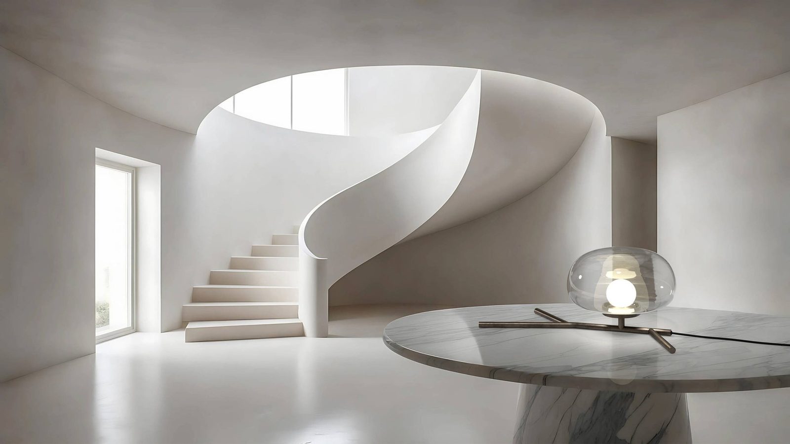 Talea-T table lamp beside a sculptural spiral stair.