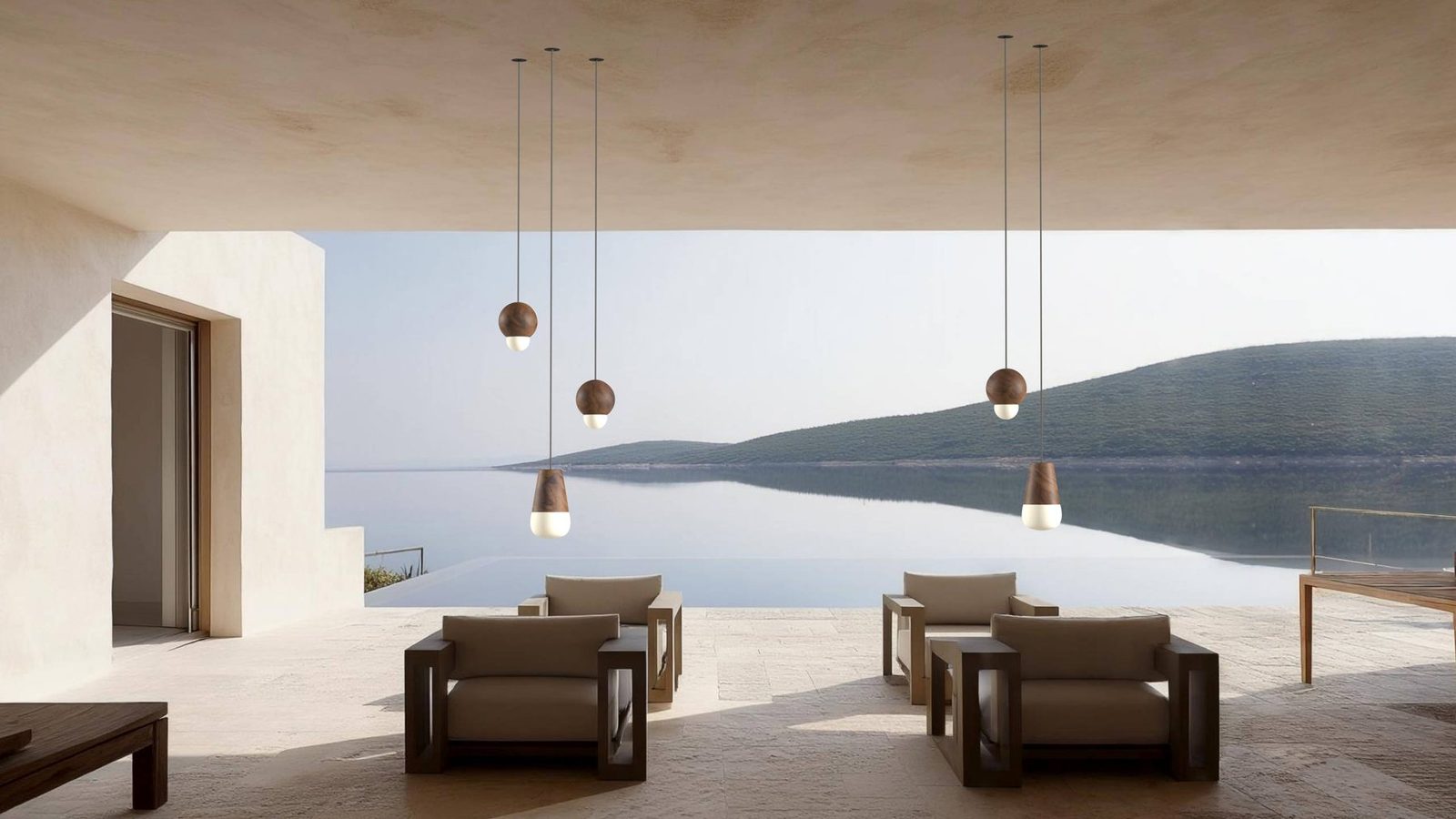 Oslo pendants over a lounge at dusk.