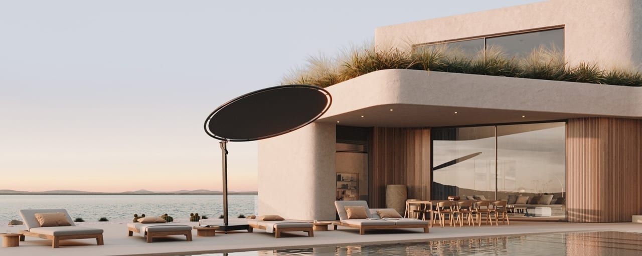 Umbrosa shade collection over an outdoor setting.